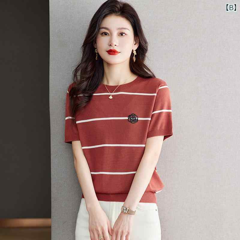 トップス レディース おしゃれ 上品 通勤 オフィス カジュアル ひんやり 快適 半袖 Tシャツ 夏 薄手 涼しい 涼しい ストライプ テンセル セーター