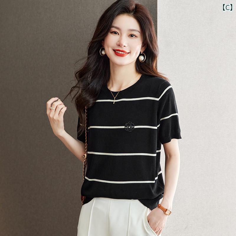 トップス レディース おしゃれ 上品 通勤 オフィス カジュアル ひんやり 快適 半袖 Tシャツ 夏 薄手 涼しい 涼しい ストライプ テンセル セーター