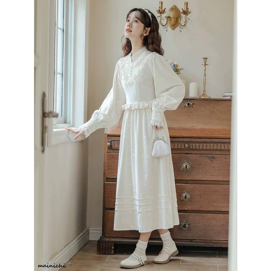 チャイナ風 ワンピース レディース チャイナ チャイナドレス チャイナボタン チャイナ服 中国風 衣装 長袖 赤 レッド 漢服 秋 大きい