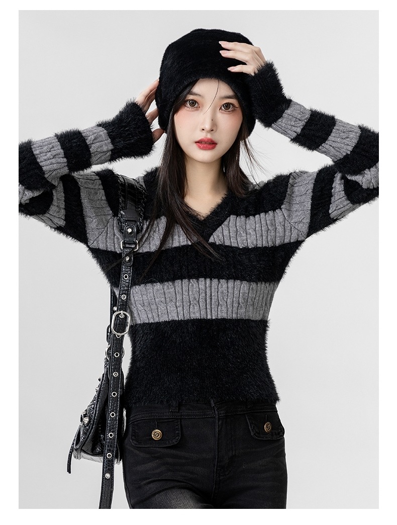 セーター ニット トップス Vネック ケーブル編み モヘア ボーダー 細身 長袖 大人可愛い シンプル お洒落 こなれ感 デイリー