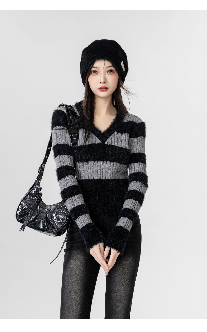 セーター ニット トップス Vネック ケーブル編み モヘア ボーダー 細身 長袖 大人可愛い シンプル お洒落 こなれ感 デイリー