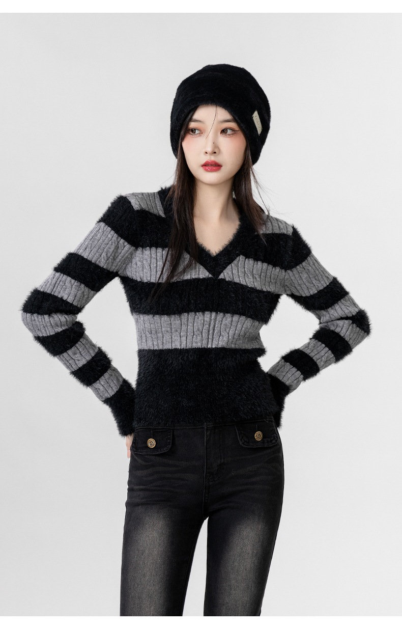 セーター ニット トップス Vネック ケーブル編み モヘア ボーダー 細身 長袖 大人可愛い シンプル お洒落 こなれ感 デイリー