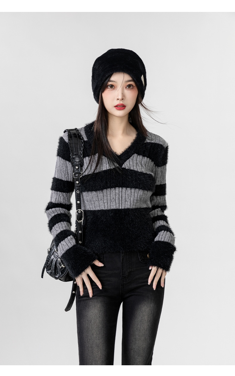 セーター ニット トップス Vネック ケーブル編み モヘア ボーダー 細身 長袖 大人可愛い シンプル お洒落 こなれ感 デイリー