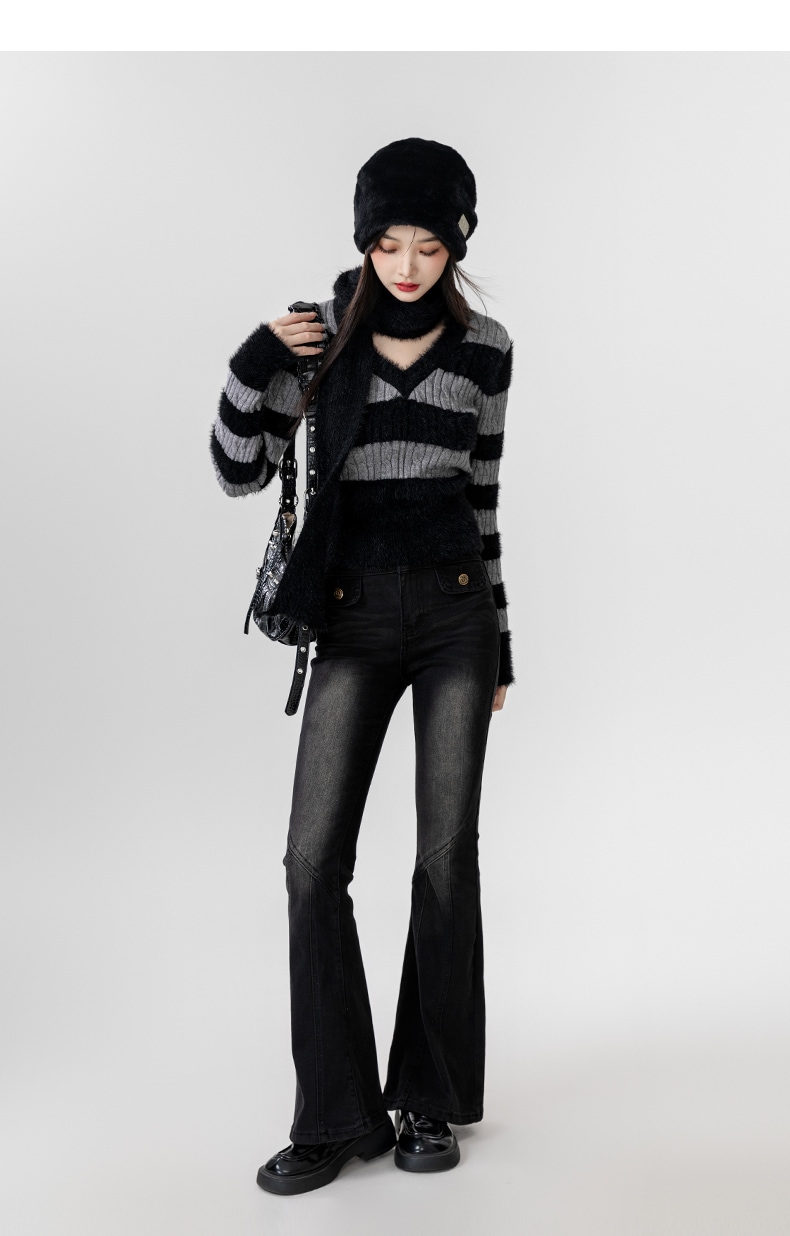 セーター ニット トップス Vネック ケーブル編み モヘア ボーダー 細身 長袖 大人可愛い シンプル お洒落 こなれ感 デイリー