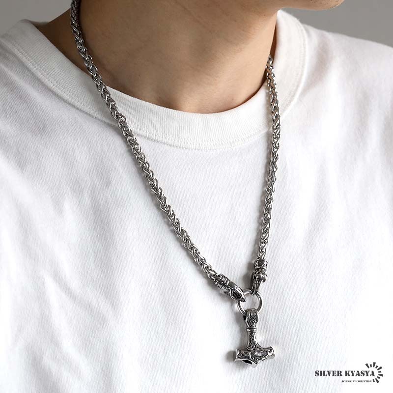 ステンレス スカルとハンマーのネックレス [n1090]