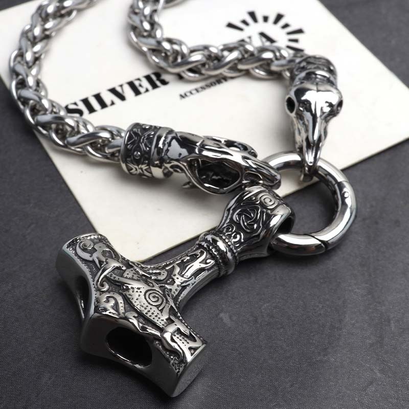 ステンレス スカルとハンマーのネックレス [n1090]
