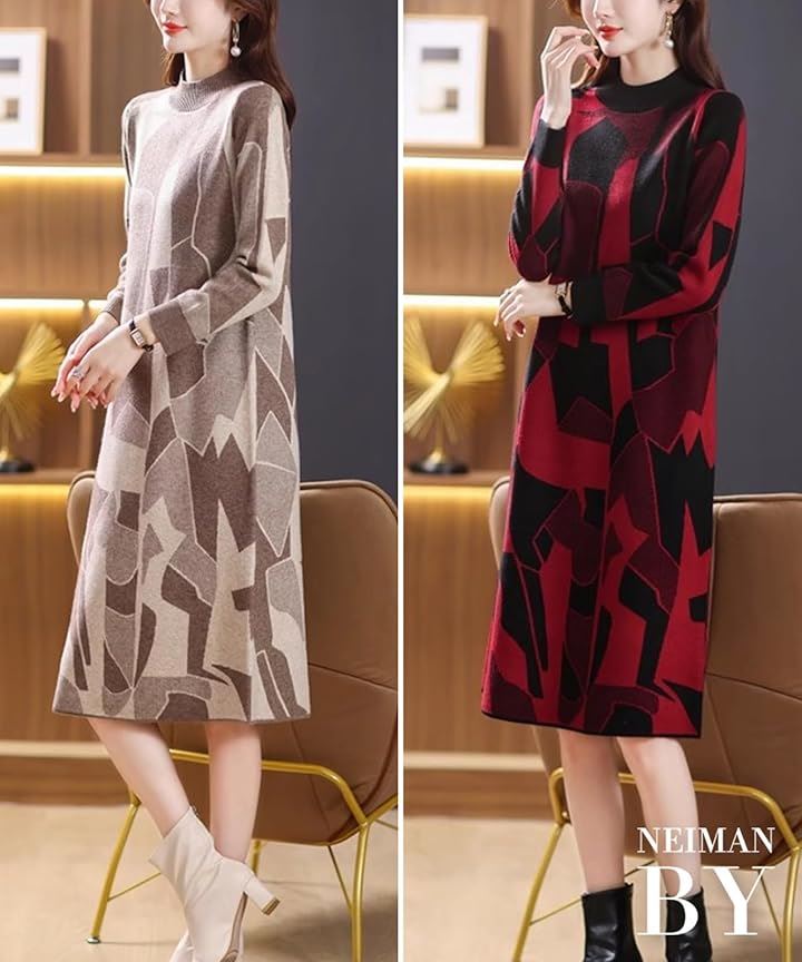 幾何学柄 ワンピース レディース 長袖 ニット ジオメトリー 総柄 膝丈 秋 冬 パターン style セミフォーマル シンプルニット リブニット お宮 参り(ベージュ, XL) 幾何学柄 ワンピース レディース 長袖 ニット ジオメトリー 総柄 膝丈 秋 冬 パターン style セミフォーマル シンプルニット リブニット お宮 参り(ベージュ, XL)