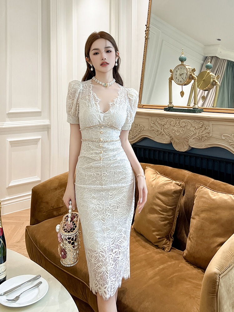 夏 ドレス 半袖 サマー 新作 vネック きれいめ レースワンピース パーティードレス キャバドレス レディース