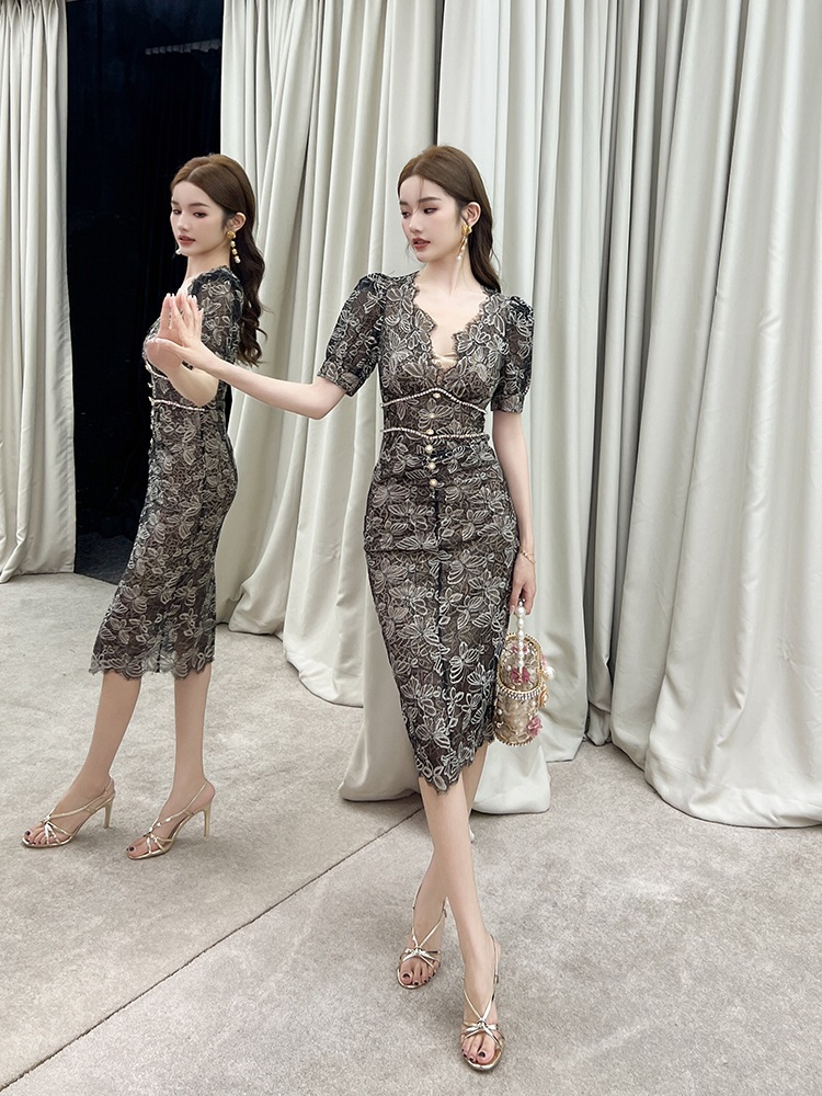 夏 ドレス 半袖 サマー 新作 vネック きれいめ レースワンピース パーティードレス キャバドレス レディース