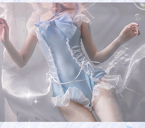水着 レディース ロリータ風 リボン かわいい フリル 透け感あり 肩出し 着瘦せ セクシー 無地 コスプレ 衣装 撮影 写真用 映える 温泉 プール ビーチ ホワイト ブルー M L