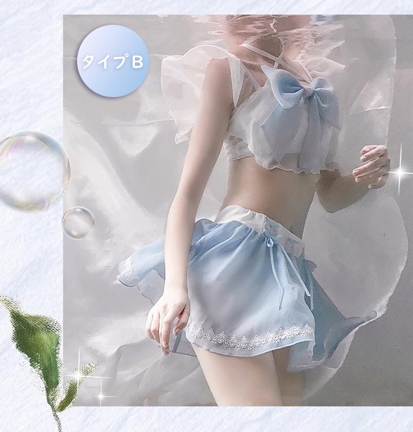 水着 レディース ロリータ風 リボン かわいい フリル 透け感あり 肩出し 着瘦せ セクシー 無地 コスプレ 衣装 撮影 写真用 映える 温泉 プール ビーチ ホワイト ブルー M L