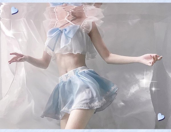 水着 レディース ロリータ風 リボン かわいい フリル 透け感あり 肩出し 着瘦せ セクシー 無地 コスプレ 衣装 撮影 写真用 映える 温泉 プール ビーチ ホワイト ブルー M L