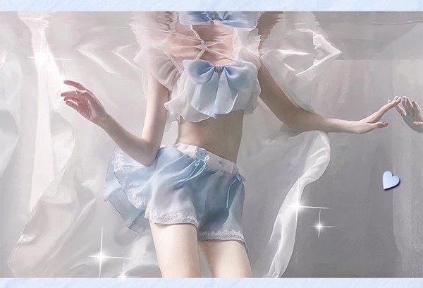 水着 レディース ロリータ風 リボン かわいい フリル 透け感あり 肩出し 着瘦せ セクシー 無地 コスプレ 衣装 撮影 写真用 映える 温泉 プール ビーチ ホワイト ブルー M L