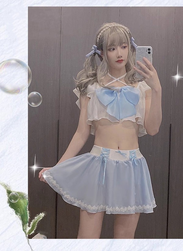 水着 レディース ロリータ風 リボン かわいい フリル 透け感あり 肩出し 着瘦せ セクシー 無地 コスプレ 衣装 撮影 写真用 映える 温泉 プール ビーチ ホワイト ブルー M L