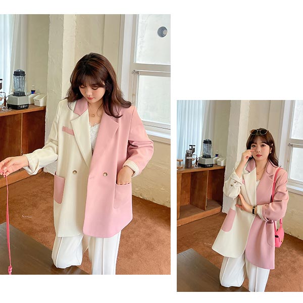 大きいサイズ アウター レディース バイカラージャケット ノッチドラペルカラー 肩パッド入り コントラストカラー ダブルブレスト 二つボタン オーバーサイズ ブラック×グレー ピンク×ホワイト LL_5