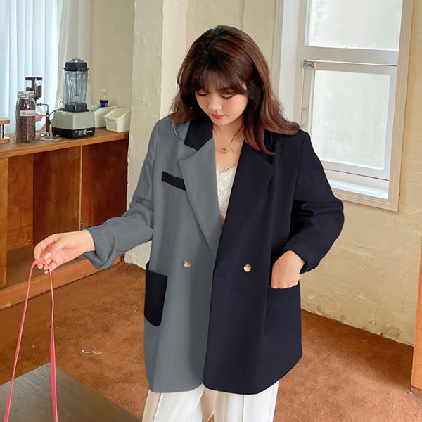 大きいサイズ アウター レディース バイカラージャケット ノッチドラペルカラー 肩パッド入り コントラストカラー ダブルブレスト 二つボタン オーバーサイズ ブラック×グレー ピンク×ホワイト LL_8