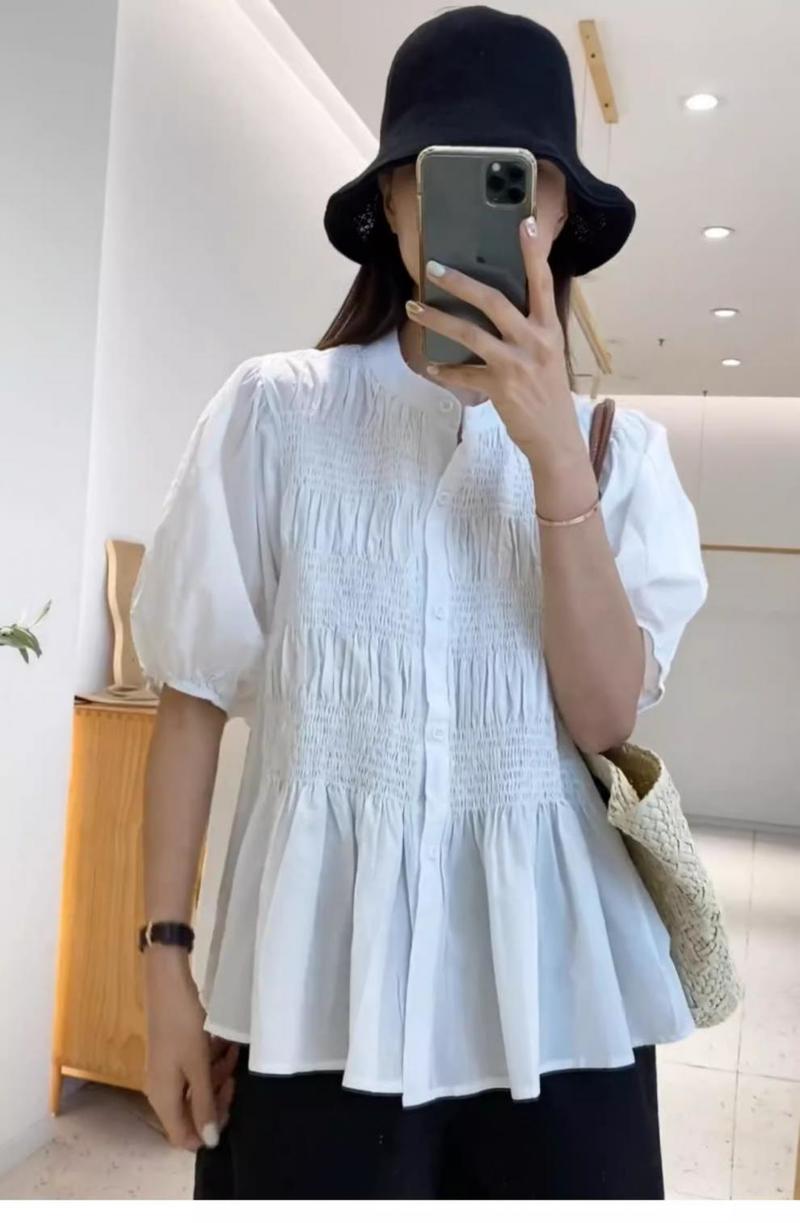 ウエストダック ボリューム袖 ブラウス バンドカラー ギャザー レディース トップス 半袖 春夏 シンプル ナチュラル フェミニン ガーリー きれいめ おしゃれ カジュアル レディース 秋 シャツ ゆ