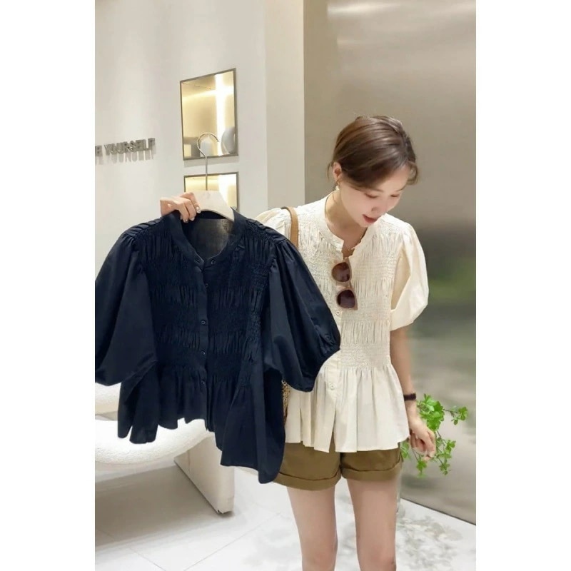 ウエストダック ボリューム袖 ブラウス バンドカラー ギャザー レディース トップス 半袖 春夏 シンプル ナチュラル フェミニン ガーリー きれいめ おしゃれ カジュアル レディース 秋 シャツ ゆ