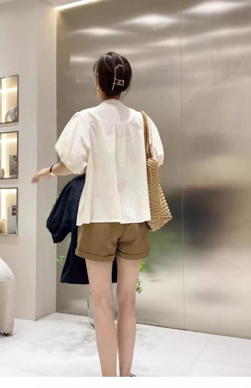 ウエストダック ボリューム袖 ブラウス バンドカラー ギャザー レディース トップス 半袖 春夏 シンプル ナチュラル フェミニン ガーリー きれいめ おしゃれ カジュアル レディース 秋 シャツ ゆ