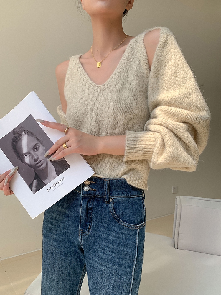 レディース ファッション カジュアル セーター 女性 秋 冬 ニット カーディガン ショール インナー ベスト アプリコット ＳＭＬXL トップス 袖あり かわいい 大人可愛い きれいめ シンプル