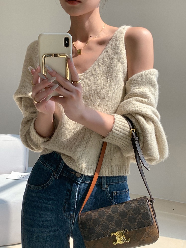 レディース ファッション カジュアル セーター 女性 秋 冬 ニット カーディガン ショール インナー ベスト アプリコット ＳＭＬXL トップス 袖あり かわいい 大人可愛い きれいめ シンプル