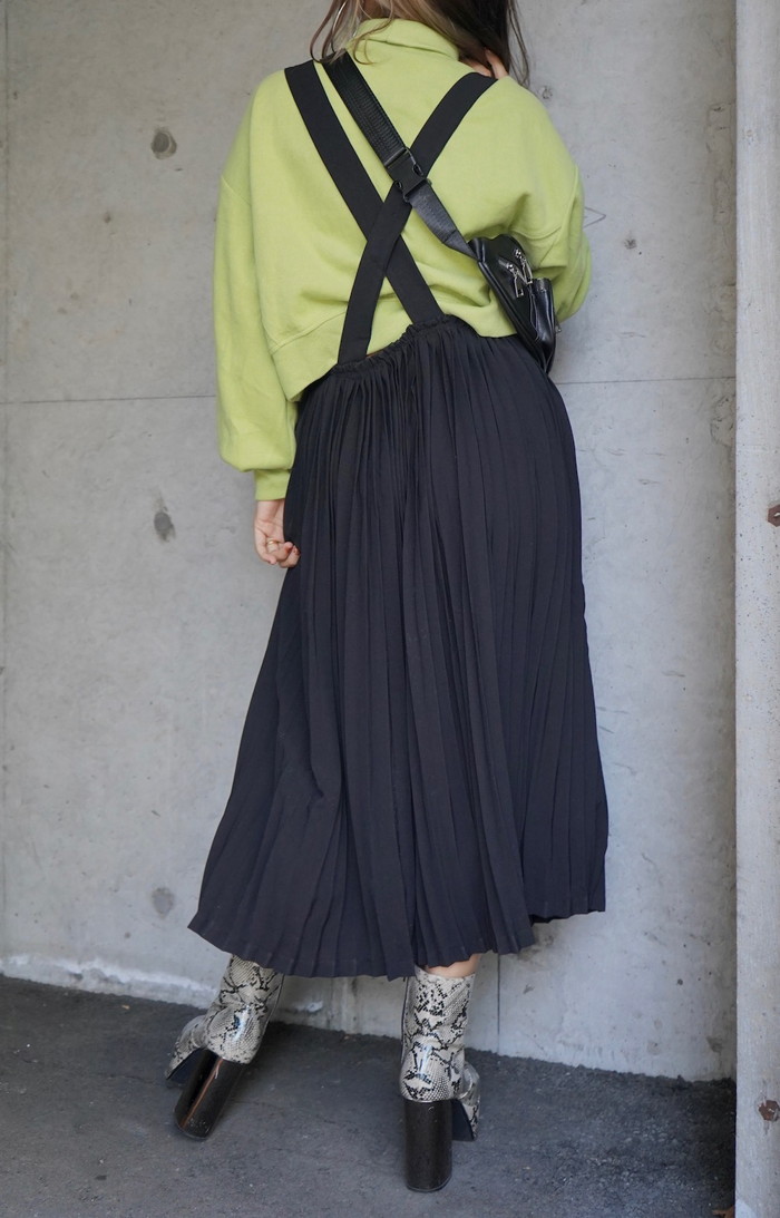 Cross Strap Pleats Jumper Long Skirt (black) A,D,G レディース ボトムス Cross Strap Pleats Jumper Long Skirt (black) A,D,G レディース ボトムス
