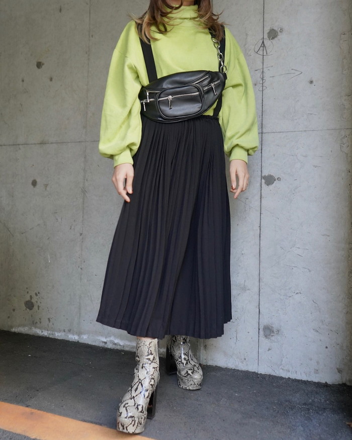 Cross Strap Pleats Jumper Long Skirt (black) A,D,G レディース ボトムス Cross Strap Pleats Jumper Long Skirt (black) A,D,G レディース ボトムス