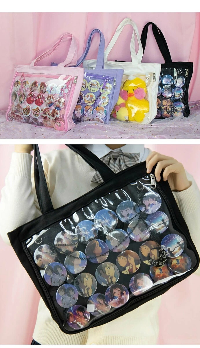 【即納】痛バッグ 痛バッグ トートバッグ 片面透明 ビニールバッグ 缶バッジ 遠足 イベント用 大容量 多色選べるかばんおしゃれ 可愛い お出掛け 推し活バッグバッジ入れ可能（バッグのみバッジは付属