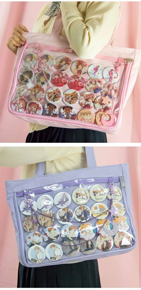 【即納】痛バッグ 痛バッグ トートバッグ 片面透明 ビニールバッグ 缶バッジ 遠足 イベント用 大容量 多色選べるかばんおしゃれ 可愛い お出掛け 推し活バッグバッジ入れ可能（バッグのみバッジは付属