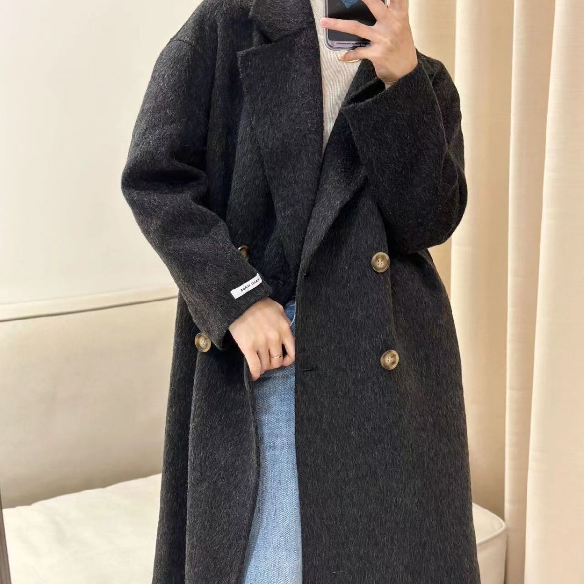 秋冬新作ロングヘア両面ウールコートミドル丈ラグランスリーブドロップショルダールーズスタイル韓国風怠け者風アウターレディース 秋冬新作ロングヘア両面ウールコートミドル丈ラグランスリーブドロップショルダールーズスタイル韓国風怠け者風アウターレディース