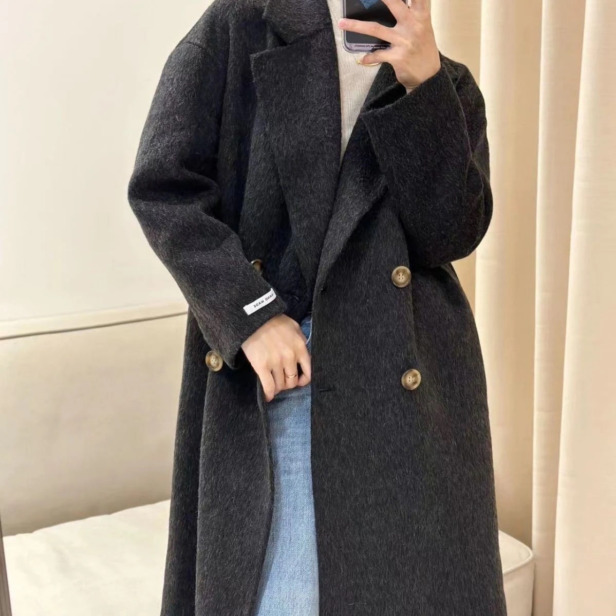 秋冬新作ロングヘア両面ウールコートミドル丈ラグランスリーブドロップショルダールーズスタイル韓国風怠け者風アウターレディース 秋冬新作ロングヘア両面ウールコートミドル丈ラグランスリーブドロップショルダールーズスタイル韓国風怠け者風アウターレディース