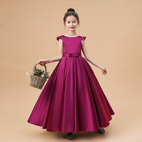 ピアノ発表会 ドレス 中学生 ワンピース ジュニアドレス 七五三 子供ドレス パープル サテン ロング丈 お姫様 上品 エレガント ジュニア 結婚式 バイオリン ピアノコンクール 披露宴 フォーマル
