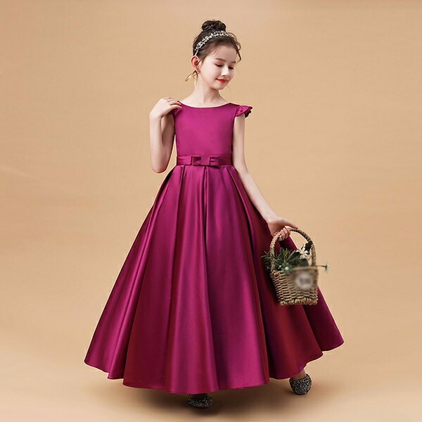 ピアノ発表会 ドレス 中学生 ワンピース ジュニアドレス 七五三 子供ドレス パープル サテン ロング丈 お姫様 上品 エレガント ジュニア 結婚式 バイオリン ピアノコンクール 披露宴 フォーマル