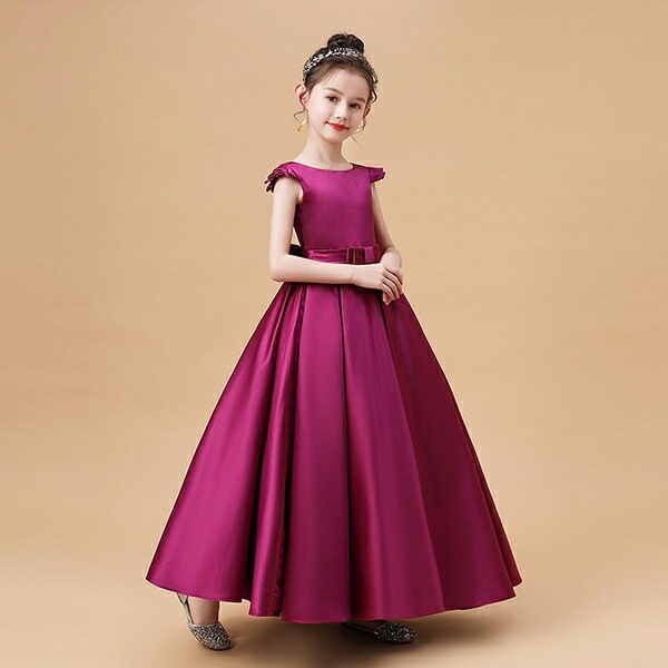 ピアノ発表会 ドレス 中学生 ワンピース ジュニアドレス 七五三 子供ドレス パープル サテン ロング丈 お姫様 上品 エレガント ジュニア 結婚式 バイオリン ピアノコンクール 披露宴 フォーマル
