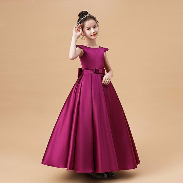 ピアノ発表会 ドレス 中学生 ワンピース ジュニアドレス 七五三 子供ドレス パープル サテン ロング丈 お姫様 上品 エレガント ジュニア 結婚式 バイオリン ピアノコンクール 披露宴 フォーマル