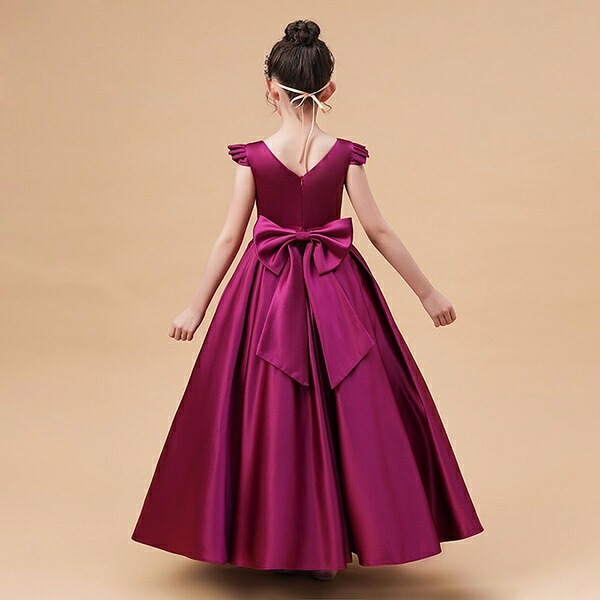 ピアノ発表会 ドレス 中学生 ワンピース ジュニアドレス 七五三 子供ドレス パープル サテン ロング丈 お姫様 上品 エレガント ジュニア 結婚式 バイオリン ピアノコンクール 披露宴 フォーマル