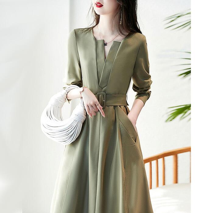 ワンピース 袖あり Vネック キーネック きれいめ カジュアル ひざ丈 長袖 ワンピ ドレス フェミニン レディース エレガント Aライン ウエストベルト ハイウエスト 大人 可愛い グリーン 緑 ブ ワンピース 袖あり Vネック キーネック きれいめ カジュアル ひざ丈 長袖 ワンピ ドレス フェミニン レディース エレガント Aライン ウエストベルト ハイウエスト 大人 可愛い グリーン 緑 ブ