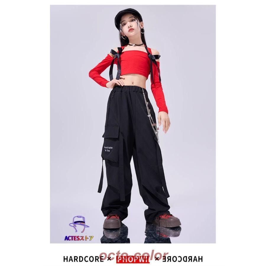 赤 リボン キッズダンス ダンス衣装 ヒップホップ 女の子 レッド 肩出し キャミソール へそ出し 長袖 黒 ブラック カーゴパンツ ズボン チェーン ストリート ジ
