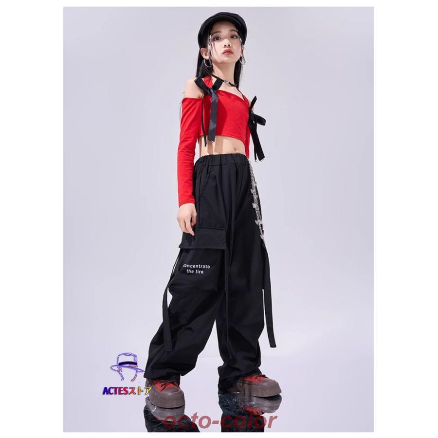 赤 リボン キッズダンス ダンス衣装 ヒップホップ 女の子 レッド 肩出し キャミソール へそ出し 長袖 黒 ブラック カーゴパンツ ズボン チェーン ストリート ジ