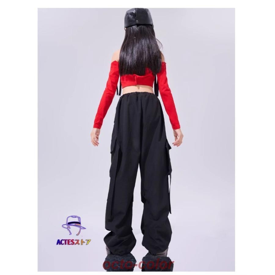 赤 リボン キッズダンス ダンス衣装 ヒップホップ 女の子 レッド 肩出し キャミソール へそ出し 長袖 黒 ブラック カーゴパンツ ズボン チェーン ストリート ジ