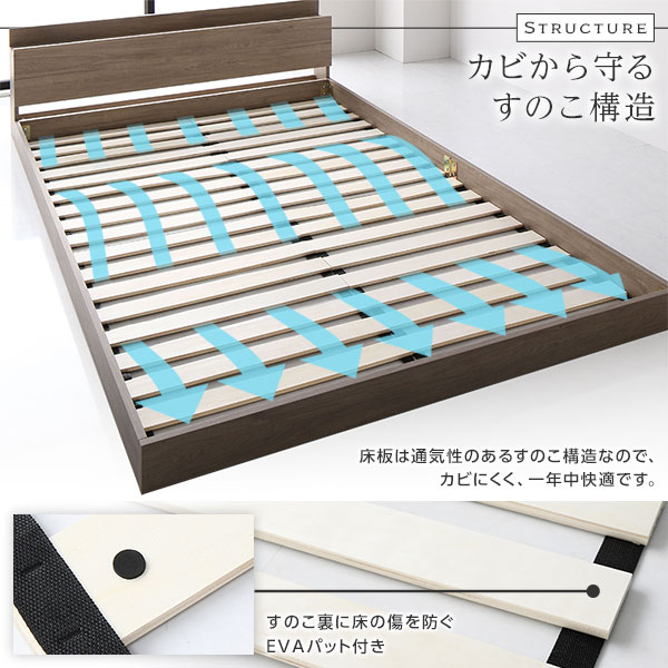 ベッド ダブル ポケットコイルマットレス付 グレージュ 低床 宮付 棚付 コンセント付 すのこ 木製