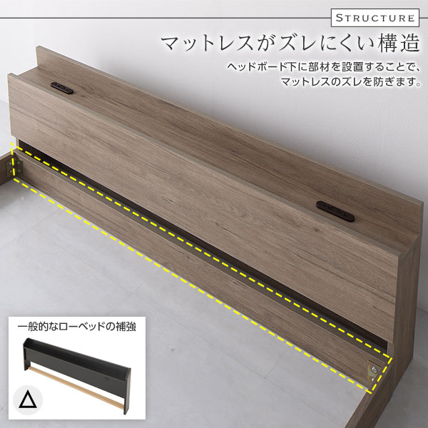 ベッド ダブル ポケットコイルマットレス付 グレージュ 低床 宮付 棚付 コンセント付 すのこ 木製