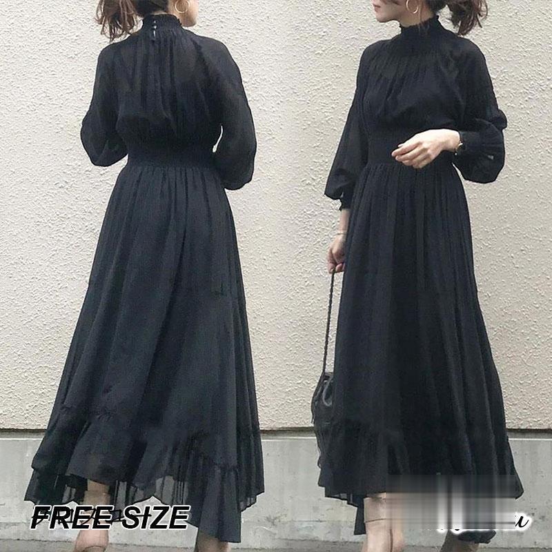 ロングワンピース ワンピース レディース 春 40代 キレイめ マキシ丈ワンピース 秋 長袖 黒ワンピース シフォン 結婚式ドレス オシャレ 上品 着痩せ