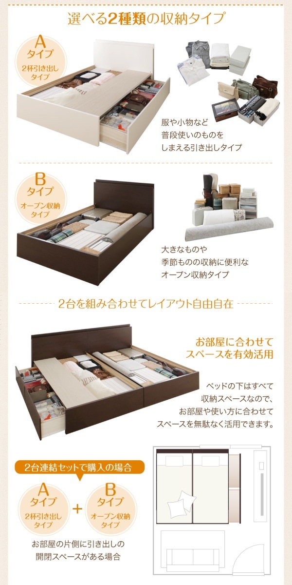 壁付けできる 国産 ファミリー連結収納ベッド [テネレッツァ] [ベッドフレームのみ/マットレスなし] Bタイプ セミダブル [フレーム色]ダークブラウン