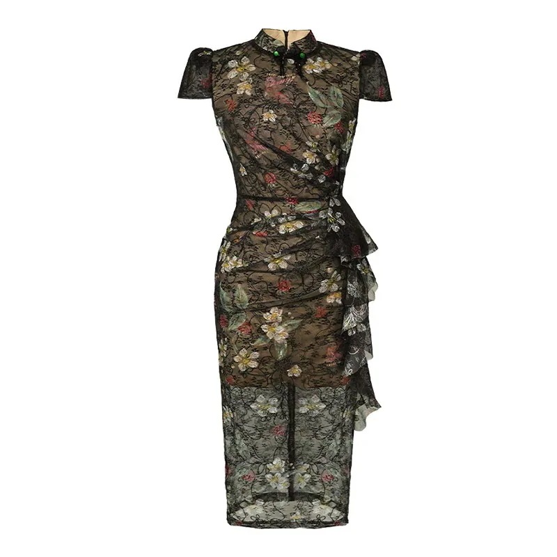 【急速出荷!】ロングスカート25新作レディースレトロデザインフリルスリムレース改良チャイナドレス10467