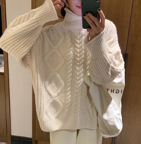 ニットセーター レディース セーター ニット トップス 長袖 ハイネック タートルネック ケーブル編み ルーズシルエット プルオーバー カジュアル お出かけ おしゃれ 暖かい 女性