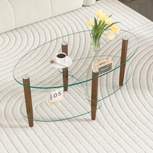 自社生産】楕円形ガラスコーヒーテーブル 透明3段ガラス天板