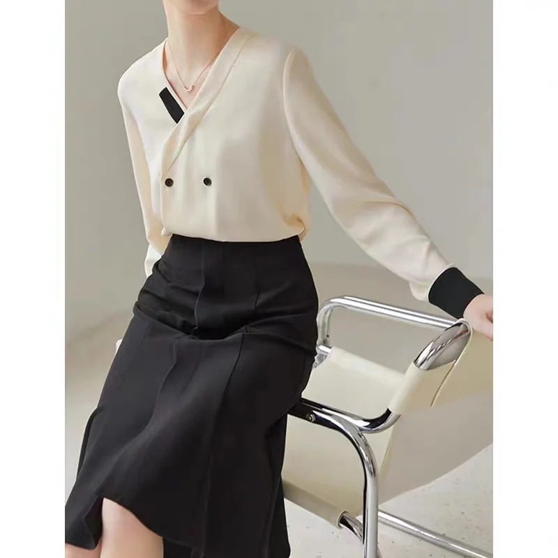 人気新作フランス式職業シャツ女性デザイン感2024春装新気質ゆるいvネックシャツ長袖ブラウスシアーシャツ