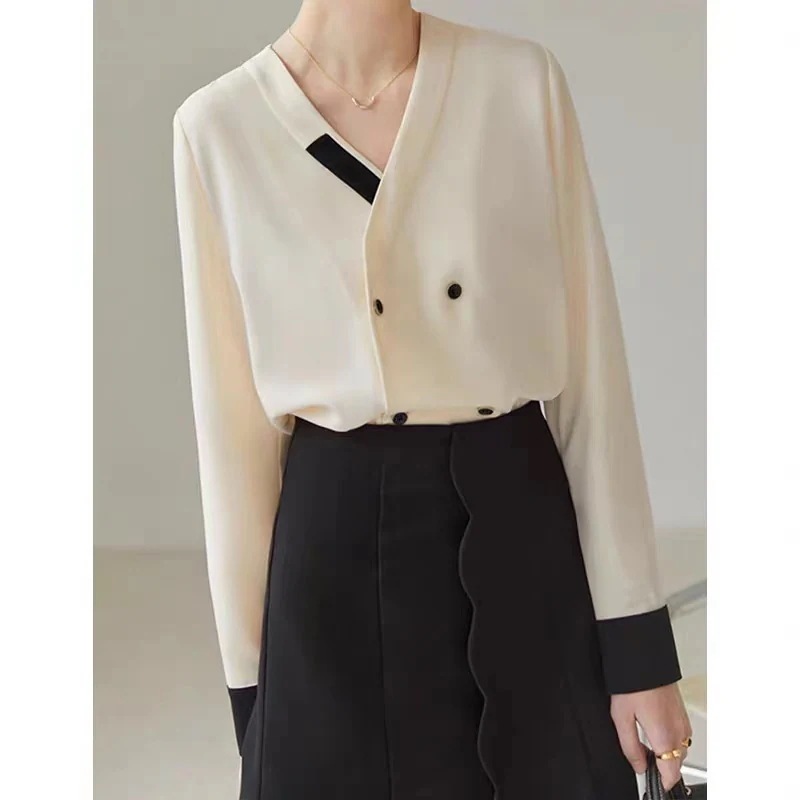 人気新作フランス式職業シャツ女性デザイン感2024春装新気質ゆるいvネックシャツ長袖ブラウスシアーシャツ