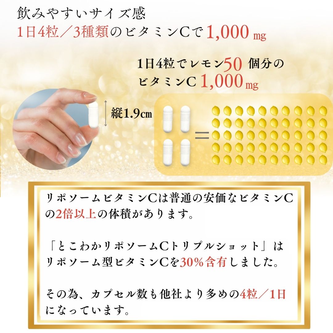 10個セット 【リポソームビタミンCをしっかり配合】とこわか式時間差トリプルショット 高濃度 ビタミンC サプリ 1,000mg リポソームビタミンC 30日分 120粒入 即 10個セット 【リポソームビタミンCをしっかり配合】とこわか式時間差トリプルショット 高濃度 ビタミンC サプリ 1,000mg リポソームビタミンC 30日分 120粒入 即